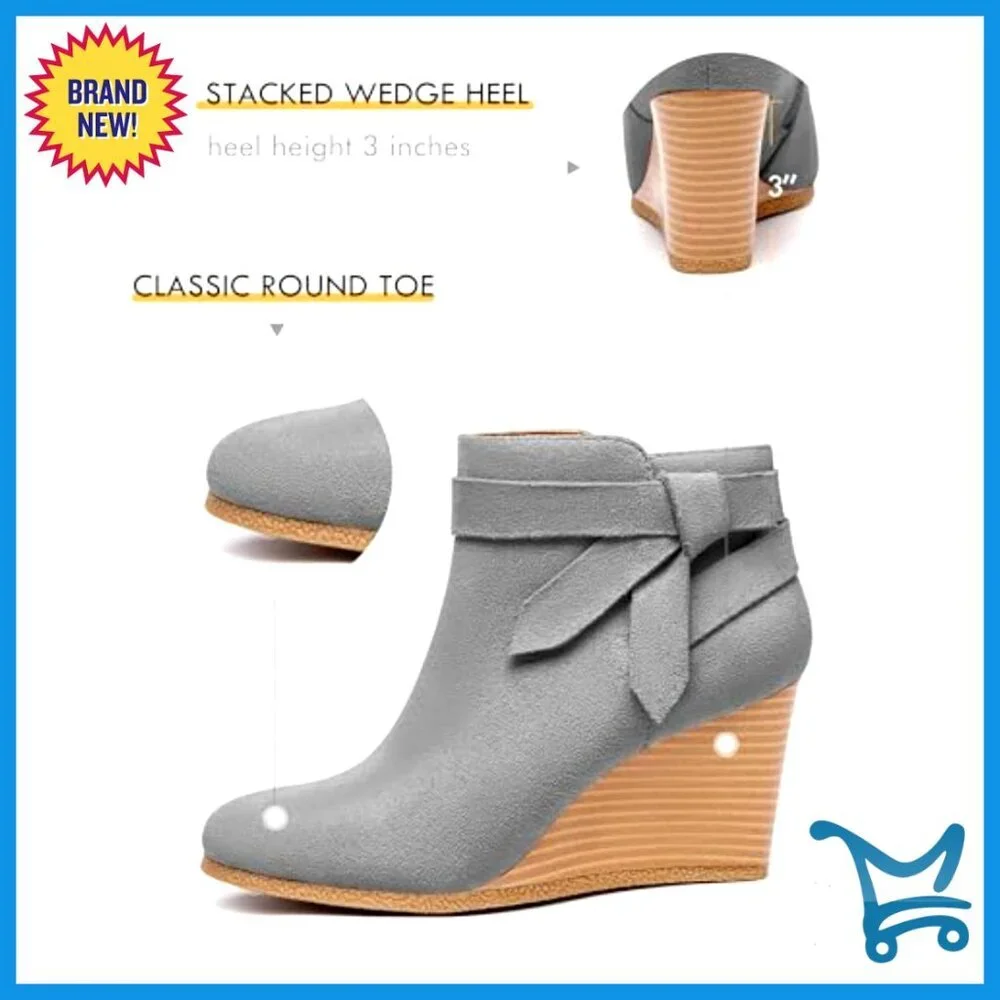 Wedge Ankle Boots with Side Zipper and Bow Tie, Stacked Heel